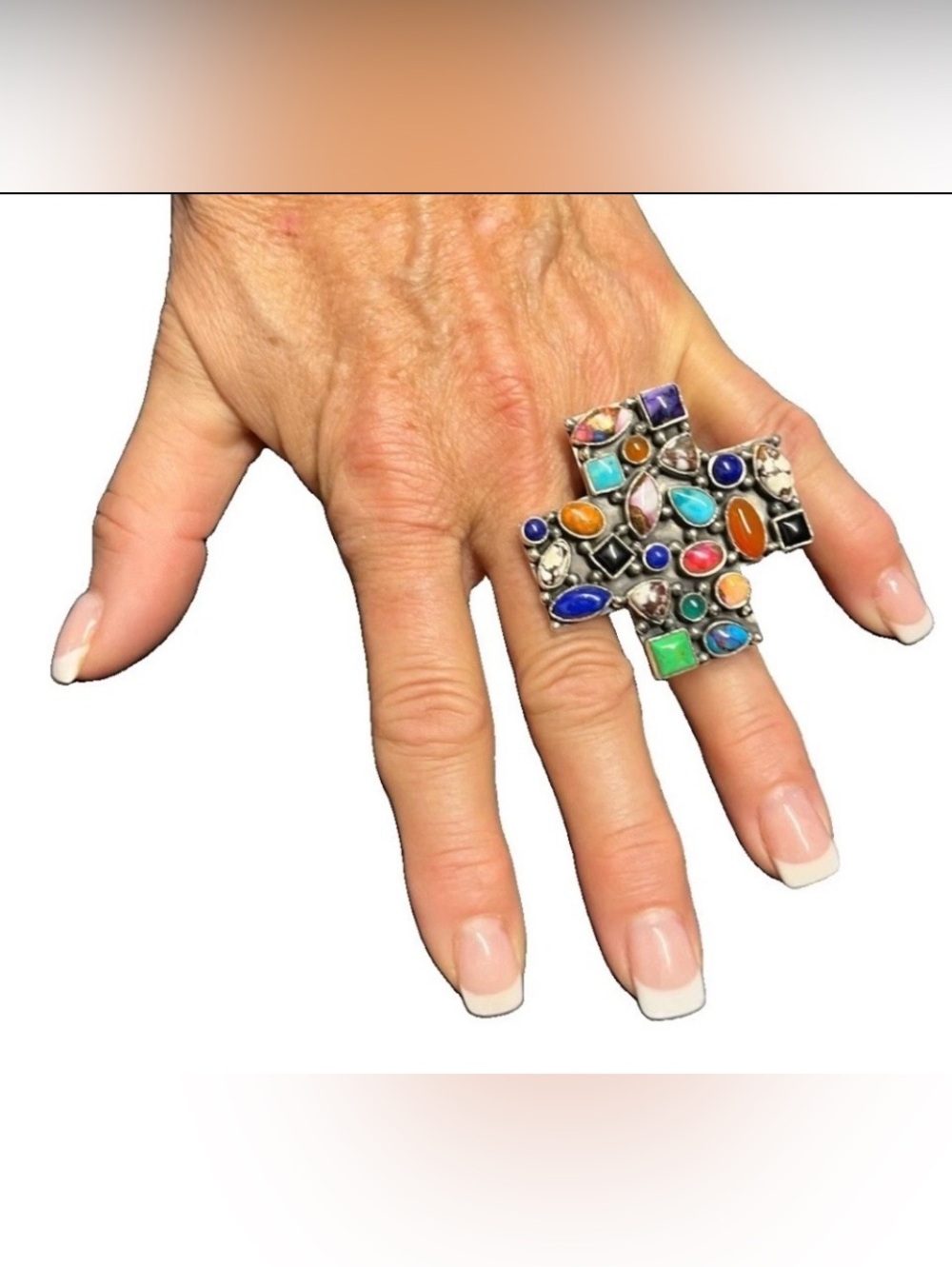 Multi-stone Large Sterling Silver Adjustable Cross Ring.